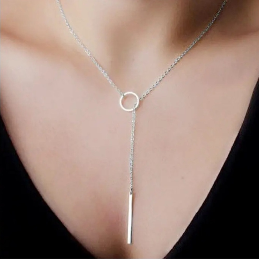 Silver Circle Bar Lariat Necklace